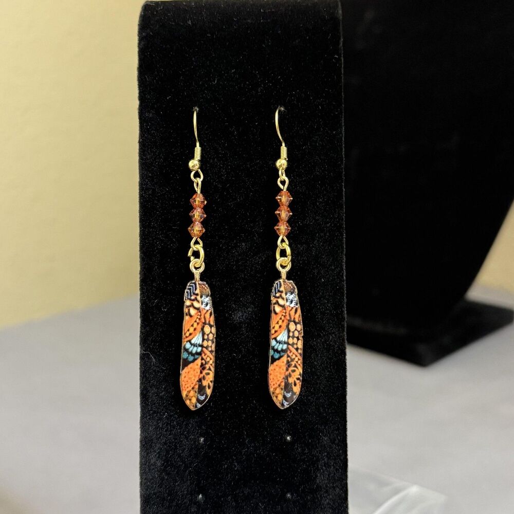 Gold Tone Orange Butterfly Dangle Drop Earrings Womens Glass Enamel Jewelry - Picture 2 of 7